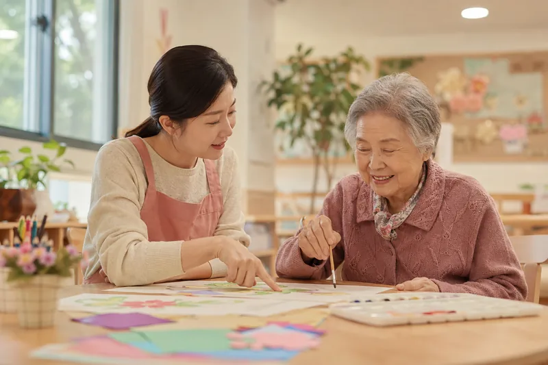 강사가 활동지를 짚어 설명하고 어르신이 붓을 든 채 미소 짓는 모습