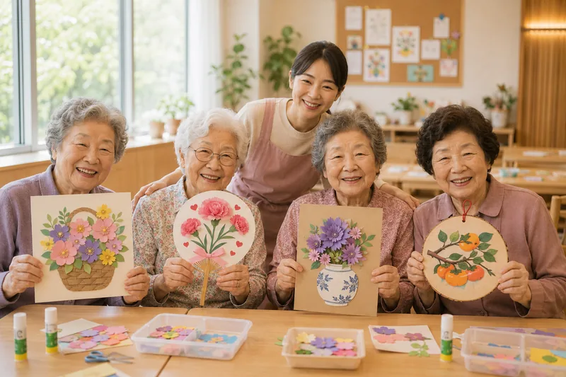 어르신 네 분이 각자 완성한 작품을 들고 강사와 함께 기념 촬영하는 모습